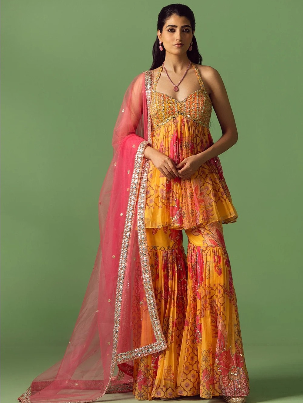 Mustard Yellow And Pink Floral Printed Gharara